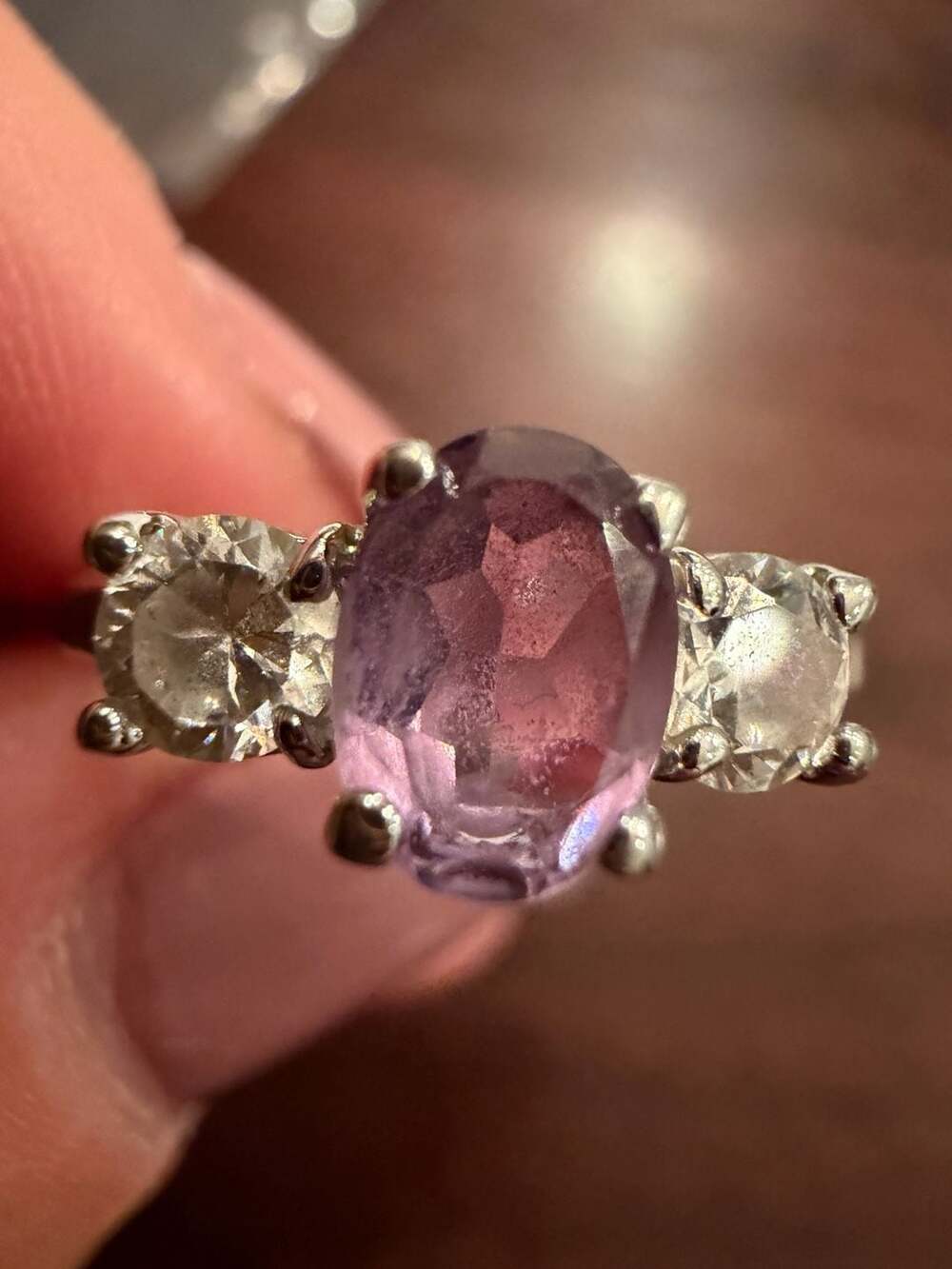 Sterling Silver Pink Amethyst And White CZ Three Stone Ring